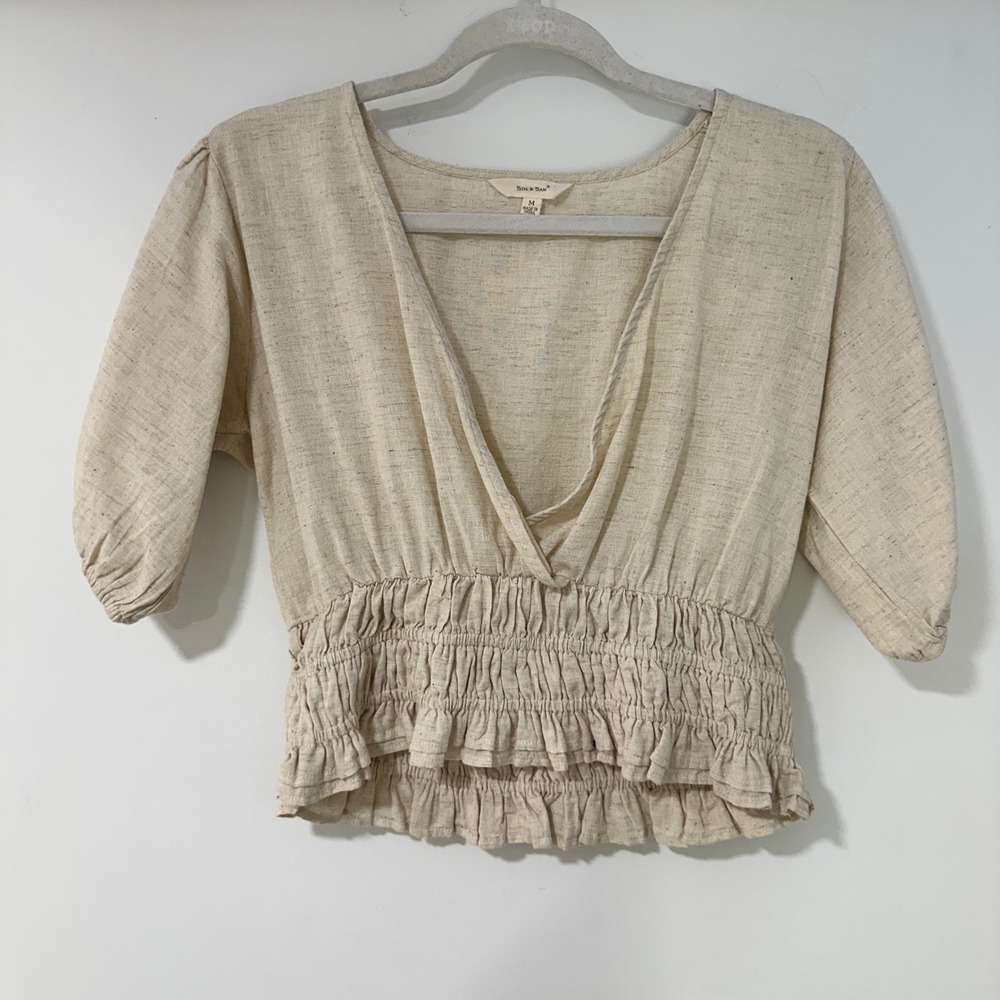 Sim & Sam Smocked V-Neck‎ Blouse Women Medium Oatmeal Linen Blend | Cottagecore